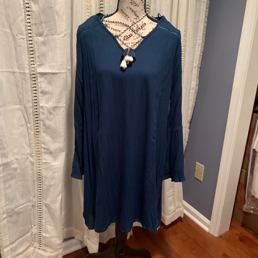 Crescent teal tassel tie up boho dress